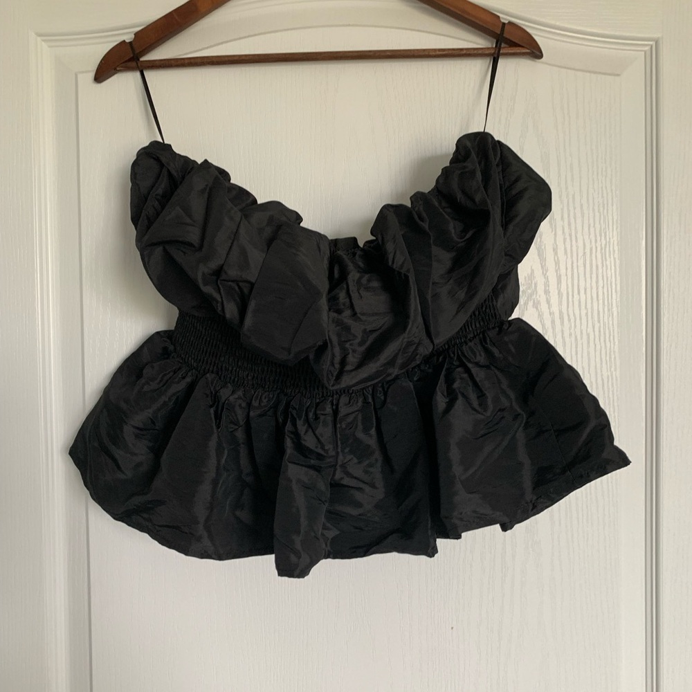 Black Ruffled Peplum Satin Blouse